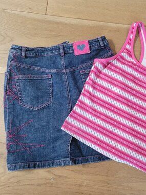 Escada Y2K Denim Mini Skirt Pink Zig Zag Embroidery Leather Heart Patch
